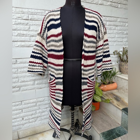 erisecho Sweaters - White Red Blue Korean Striped Knit Shrug, Long Shrug